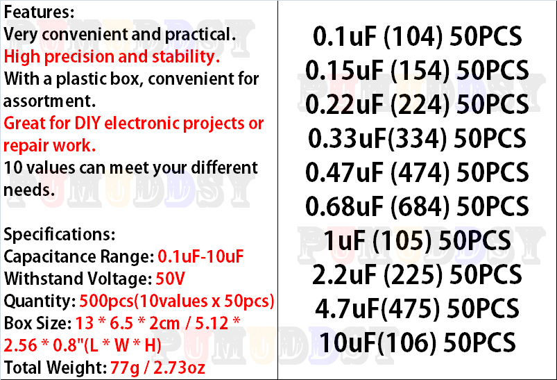 500 stks/partij 10 waarden * 5 - Capacitor Kit Assortment recensie en prijs